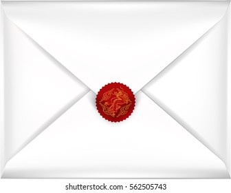 beautiful realistic illustration vector white envelope, white envelope isolated with gold chinese dragon sign red seal on a background, realistic mockup
