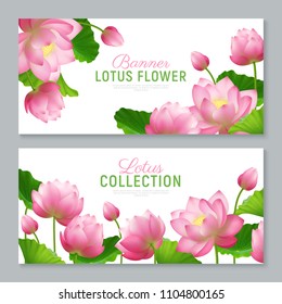 Beautiful realistic lotus flowers collection 2 ornamental horizontal banners set with lettering on white background vector illustration      