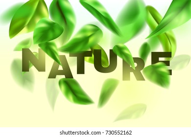 Beautiful, realistic natural, bright green, fresh, flying or falling leaves on blurred background with blur and motion effect. Vector illustration