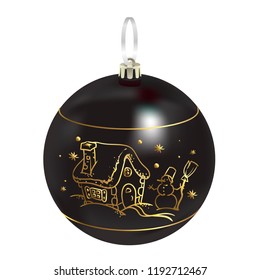 Beautiful realistic New Year 3D glassy black ball with reflects and winter pattern isolated on white background. Traditional decoration for a Christmas tree. Vector illustration