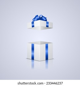 Beautiful realistic open gift box with blue ribbon and bow