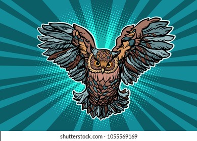 Beautiful realistic owl in flight. Comic book cartoon pop art retro vector illustration