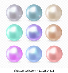Beautiful realistic pearl collection. Luxurious precious gems isolated on transparent background. Includes such tints of colours as silver, blue, pearlescent. Rich color pallet. Vector illustration.