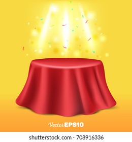 Beautiful, realistic pedestal,  table or stand with red silk cloth. Bright light effect with festive confetti and sparkles. 3d vector illustration