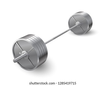 Beautiful realistic perspective view fitness vector of an olympic barbell with steel plates on white background.