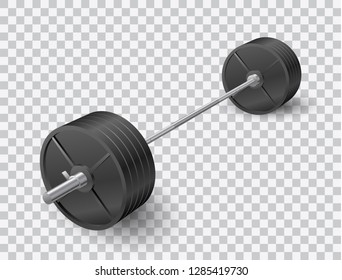 Beautiful realistic perspective view fitness vector of an olympic barbell with black iron plates on transparent background.