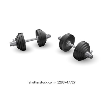 Beautiful realistic perspective view fitness vector of two black iron loadable dumbbells on white background.