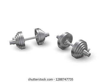 Beautiful realistic perspective view fitness vector of two steel loadable dumbbells on white background. - Shutterstock ID 1288747735
