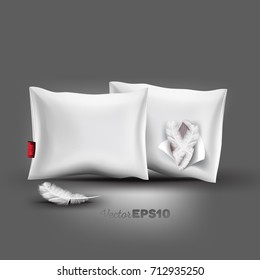 Beautiful, realistic pillows mock up with shadow and light effect. Pillow with a hole full of feathers. Vector illustration