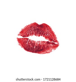 Beautiful realistic red lips kiss isolated on white background. Lipstick vector mark.