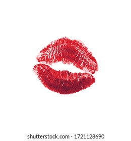 Beautiful Realistic Red Lips Kiss Isolated On White Background. Lipstick Vector Mark.