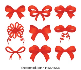 Beautiful realistic red ribbon. Set of different shape red bows realistic decoration for holiday gifts and Christmas cards or birthday party decor isolated on white. Vector