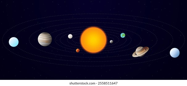 Beautiful Realistic Solar System Illustration. Mercury, Venus, Earth, Mars, Jupiter, Saturn, Uranus, and Neptune Planets Rotating Around the Sun