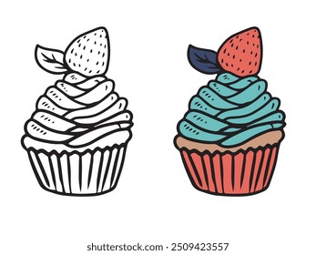 Beautiful realistic tasty cupcake with blue cream and strawberry decoration on white. Hand drawn vector sketch illustration in doodle engraved vintage line art style. Dessert, bakery, coloring book