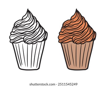 Beautiful realistic tasty pumpkin cupcake with orange cream decoration. Hand drawn vector sketch illustration in doodle engraved vintage line art style. Dessert, bakery, coloring book