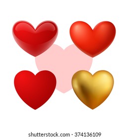 Beautiful realistic vector hearts illustrations. Red, glass, glossy, mat and gold.