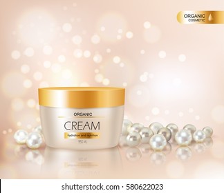 Beautiful realistic vector illustration for advertisement of organic cosmetic series with face cream container and pearls  