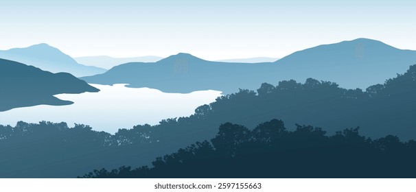 Beautiful realistic vector landscape with forests, mountains and lakes in blue colors.