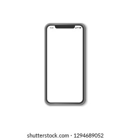 Beautiful realistic vector of a modern black colored smartphone on white background with white screen template showing time, battery life, wifi and a mobile signal.