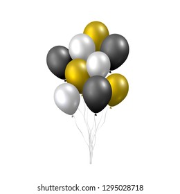 Beautiful realistic vector with a pack of golden, silver and black flying party balloons on white background.