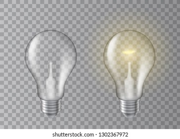 Beautiful realistic vector set of illuminated and non illuminated light bulb on transparent background.