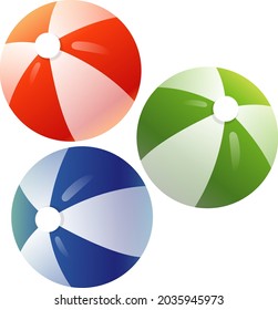 Beautiful realistic white isolated illustration set of multicolored beach balls. Pool ballon for kids play visual design for tourists. Activity games on vaction art for banners, flyers.