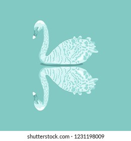 Beautiful realistic White Swan with mirror reflection in water.Vector illustration