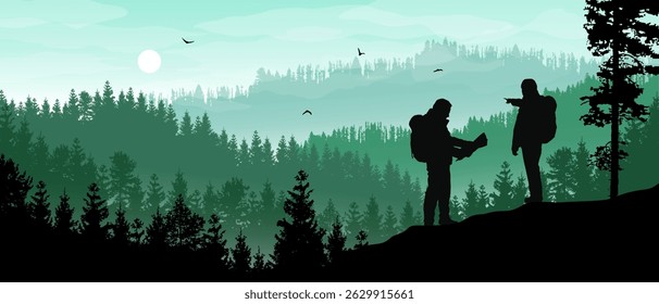 Vetor widescreen realista bonito com montanhas de floresta verde e dois caminhantes olhando para a vista. 