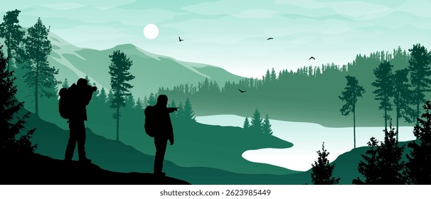 Vetor widescreen realista bonito com caminhantes olhando para rio enrolamento em verde floresta paisagem de montanha. 