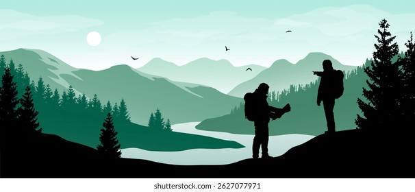 Vetor widescreen realista bonito com caminhantes olhando para rio enrolamento em verde floresta paisagem de montanha. 