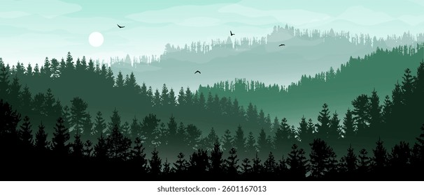 Beautiful realistic widescreen vector landscape with dark green forested mountains. 