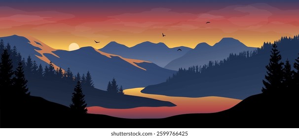 Beautiful realistic widescreen vector with a river winding in forested mountain landscape at sunset. 