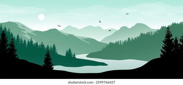 Beautiful realistic widescreen vector with a river winding in green forested mountain landscape. 