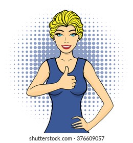 Beautiful realistic woman in blue dress showing a thumb up. Vector