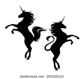 hermosa crianza cuentos de hadas de unicornio silueta de caballo - animal de pie conjunto de diseño de vector negro y blanco