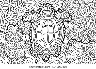 Beautiful rectangle coloring book page with cartoon turtle
