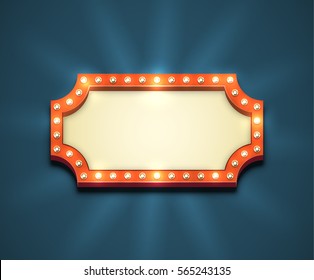 Beautiful Rectangle Retro Empty Marquee With Light Bulbs And Yellow Placeholder. Old American Style Red Electric Blank Roadsign. Glowing Eye-catching Bright Sign In The Dark Blue Night Sky.