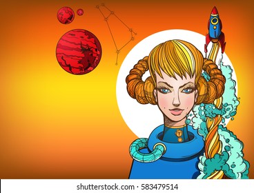 Beautiful rectangular background with Female portrait. Girl symbolizes the zodiac sign Aries. Color illustration with the image of women.