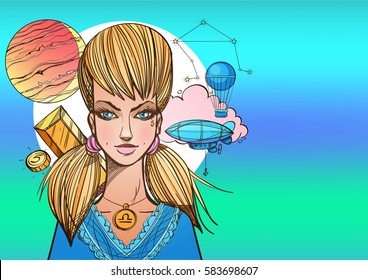 Beautiful rectangular background with Female portrait. Girl symbolizes the zodiac sign Libra. Color illustration with the image of women.
