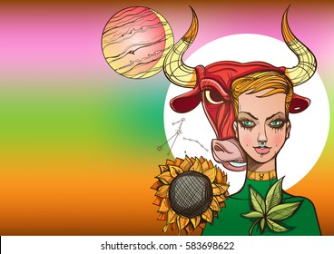 Beautiful rectangular background with Female portrait. Girl symbolizes the zodiac sign Taurus. Color illustration with the image of women.