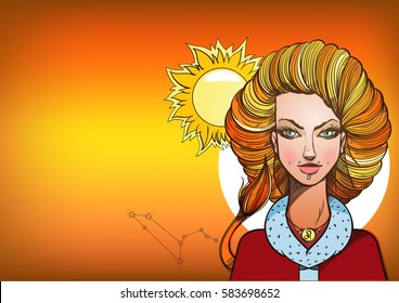 Beautiful rectangular background with Female portrait. Girl symbolizes the zodiac sign Leo. Color illustration with the image of women.