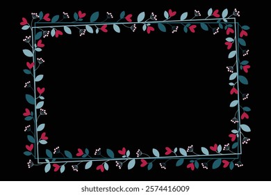 Beautiful Rectangular Frame With Green Leaves And Love Pink Fuchsia Flowers