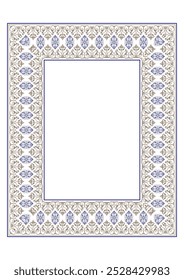 Beautiful rectangular Vertical frame arabesque. Gold blue plate with floral design. Vintage ethnic vector frame with arabesques. A4 format. EPS 10. For rectangular surfaces, textiles, embroidery