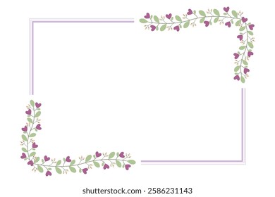 Beautiful Rectangular Wreath Or Border Frame With Green Leaves And Love Purple Flowers