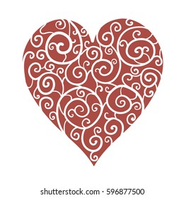 Beautiful red abstract heart of spiral lace. Isolated on white. Greeting card and invitation of wedding, Valentine's Day, mother's day, birthday,  and seasonal holiday. Vector illustration.
