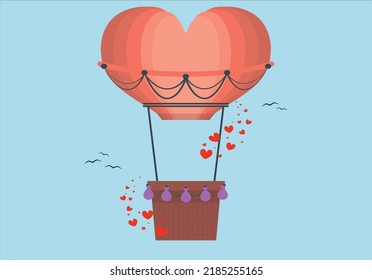 Beautiful red air balloon heart shape against blue sky. Romantic trip on Valentine's Day. Sport and recreation travel theme. Valentine s day concept. 3D heart hot air flying