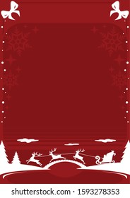 Beautiful red background to create a wonderful greeting card. Below is an image of a reindeer team with a sleigh and Santa Claus. Falling snowflakes in the upper corners of the bow.