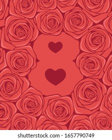 Beautiful red background. Roses around the edges and in the center of the number 8.
