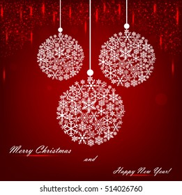 Beautiful red background with sparkles and balls .Vector  illustration.  