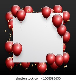 Beautiful red balloons randomly flying over white frame. Party elegant vector background with space for text. Vector white frame, confetti, ballons.